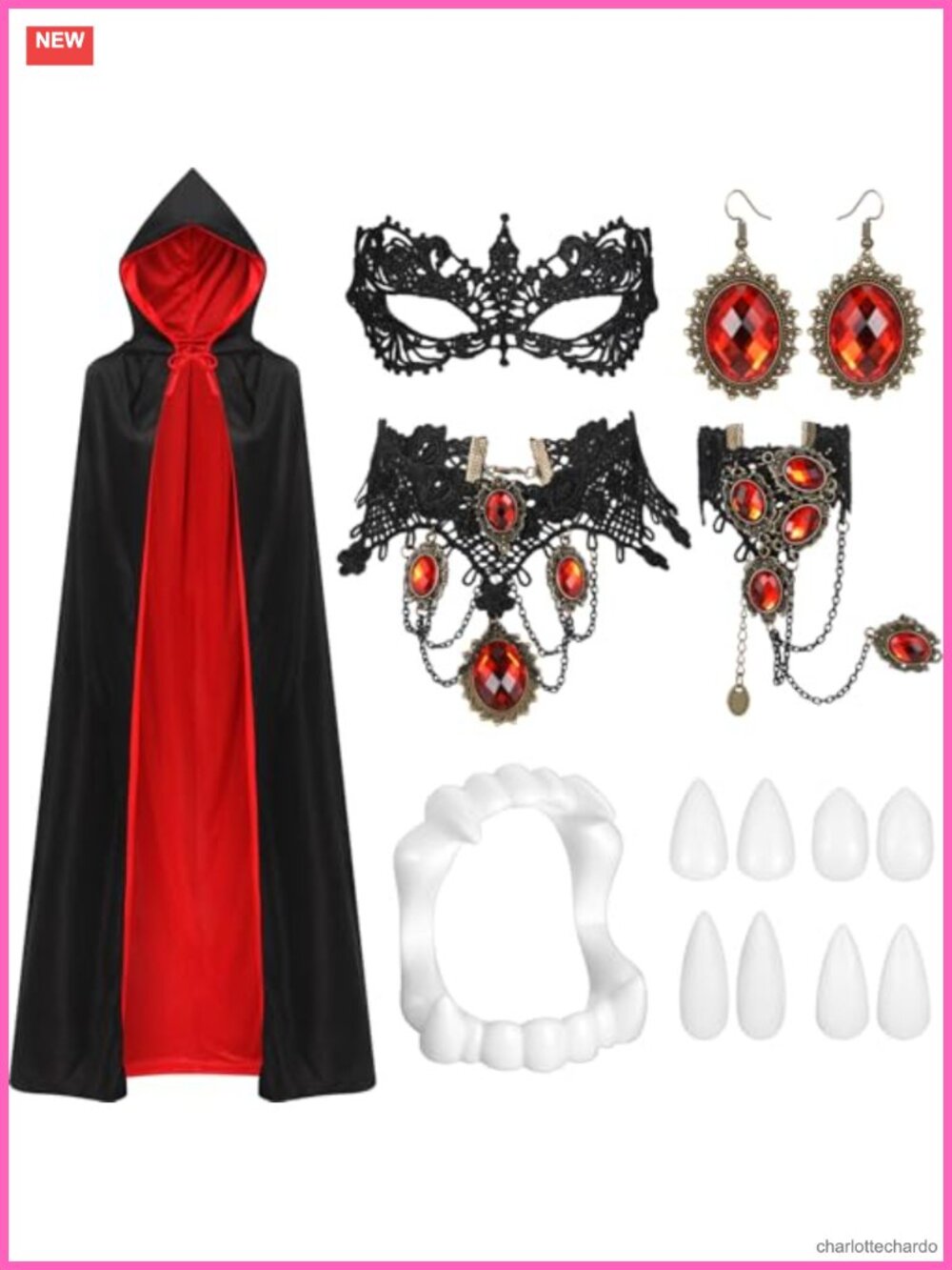 11 Pc Halloween Vampire Costume Set Hooded Cape Fangs Choker